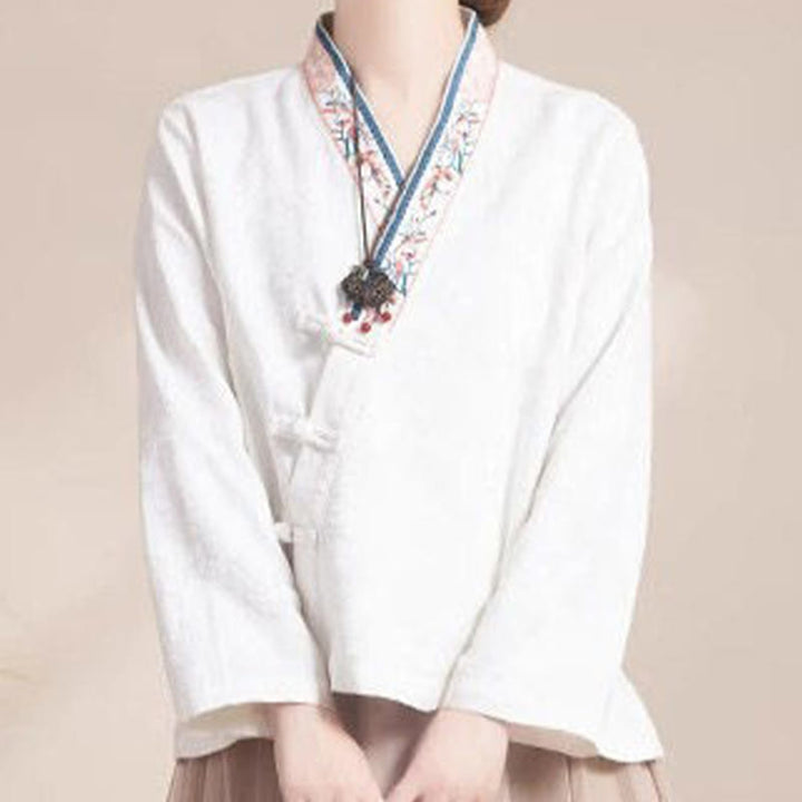 Camisa de algodón de manga larga para mujer con bordado de flores y ranas de hierba y Buddha Stones - image 14
