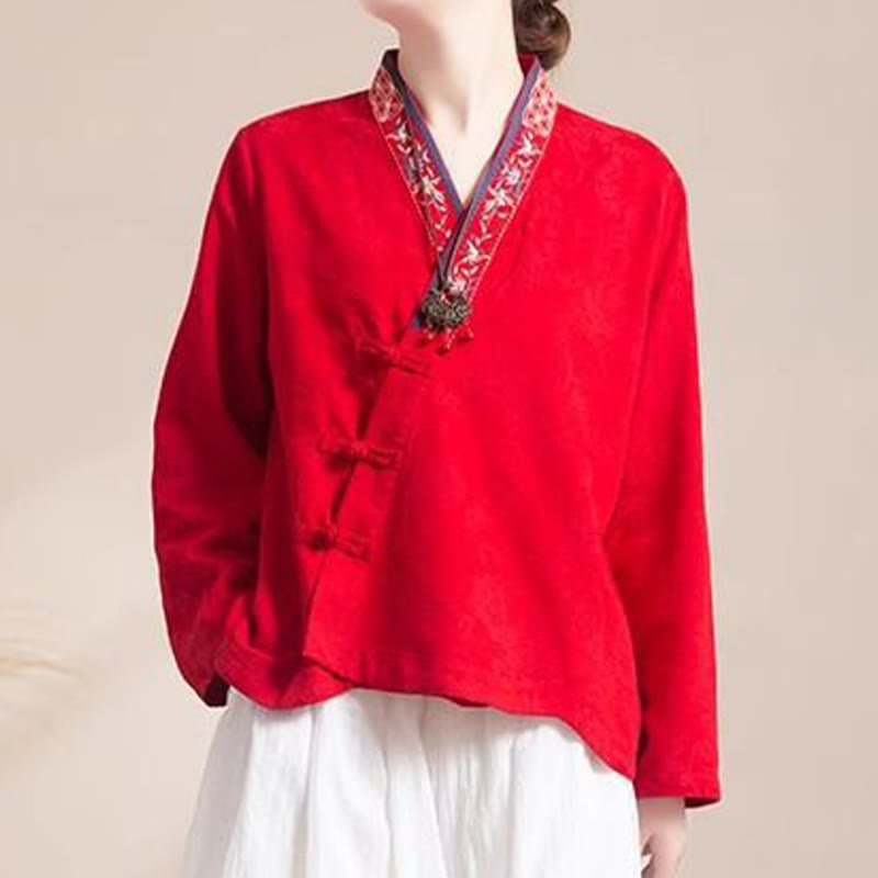 Camisa de algodón de manga larga para mujer con bordado de flores y ranas de hierba y Buddha Stones - Rojo - US8-10, UK/AU12-14, EU40-42 (3XL) - image 17