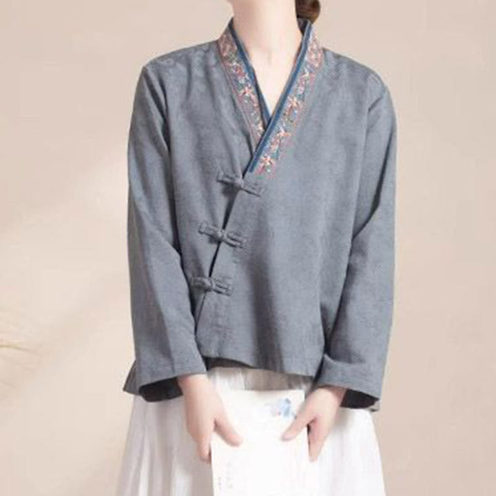 Camisa de algodón de manga larga para mujer con bordado de flores y ranas de hierba y Buddha Stones - image 21
