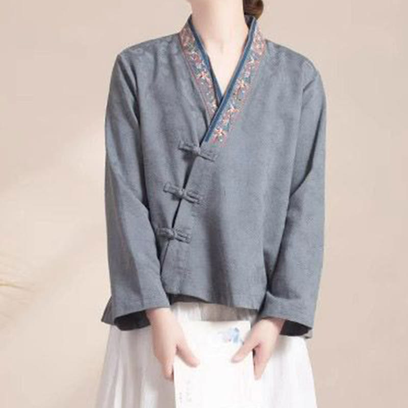 Camisa de algodón de manga larga para mujer con bordado de flores y ranas de hierba y Buddha Stones - image 21