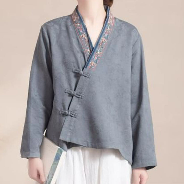 Camisa de algodón de manga larga para mujer con bordado de flores y ranas de hierba y Buddha Stones - Gris - US12, UK/AU16, EU44 (3XL) - image 20