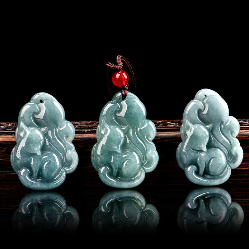 Buddha Stones de jade verde natural y zorro de nueve colas, Hada de la Prosperidad