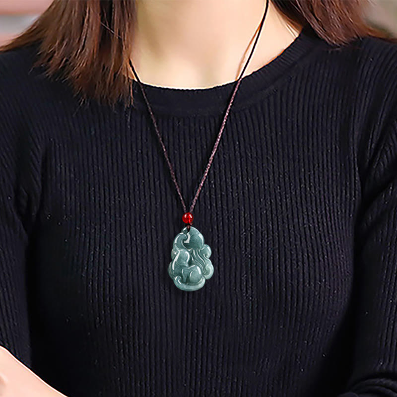 Buddha Stones de jade verde natural y zorro de nueve colas, Hada de la Prosperidad