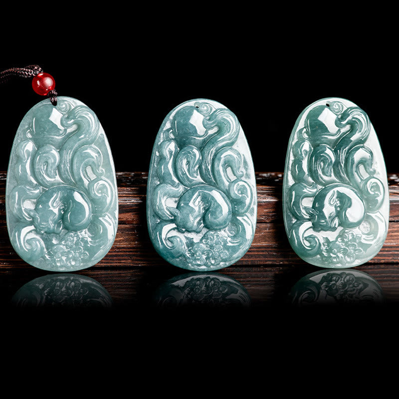 Collar con colgante de la suerte con Buddha Stones , jade verde natural y flores de zorro de nueve colas