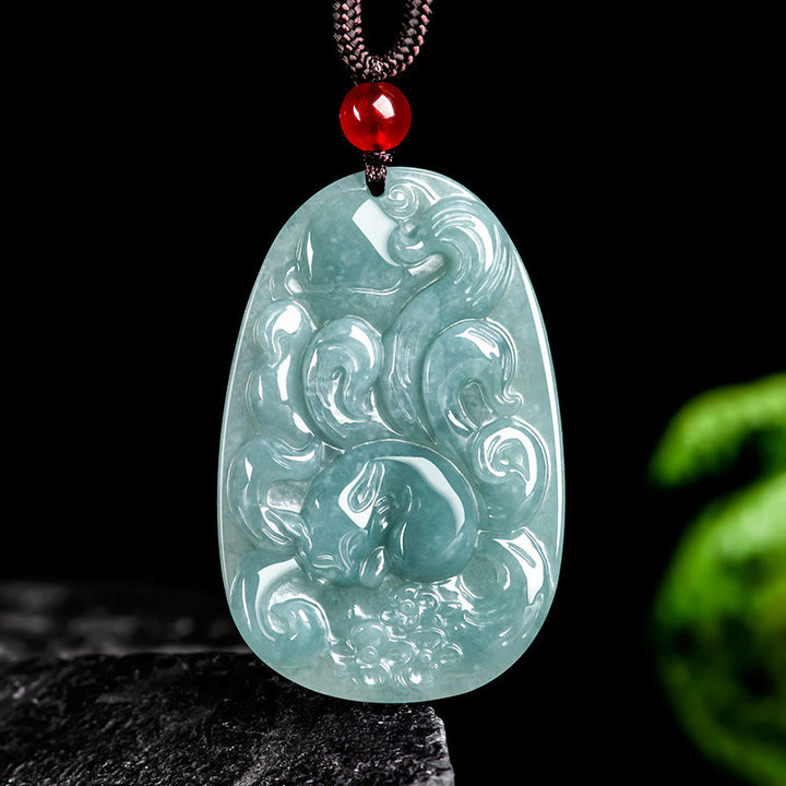 Collar con colgante de la suerte con Buddha Stones , jade verde natural y flores de zorro de nueve colas