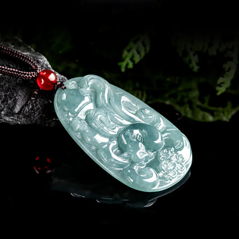 Collar con colgante de la suerte con Buddha Stones , jade verde natural y flores de zorro de nueve colas