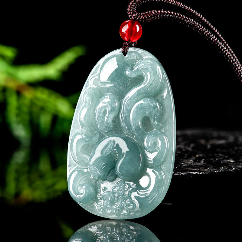 Collar con colgante de la suerte con Buddha Stones , jade verde natural y flores de zorro de nueve colas