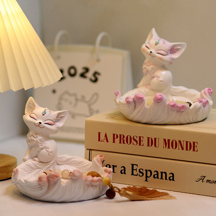 Adornos de resina de la suerte del zorro de nueve colas con Buddha Stones para almacenamiento, decoración del hogar