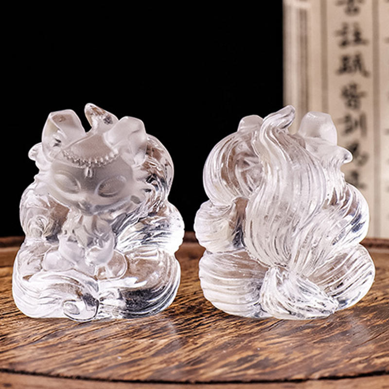Buddha Stones de cristal blanco natural, mini zorro de nueve colas tallado, curación, decoración del hogar