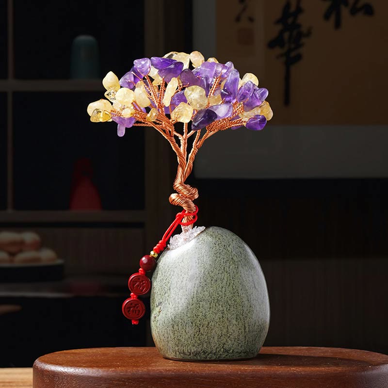 Buddha Stones, citrino, amatista, aventurina verde, árbol de cristal, base de cerámica, prosperidad, decoración del hogar.