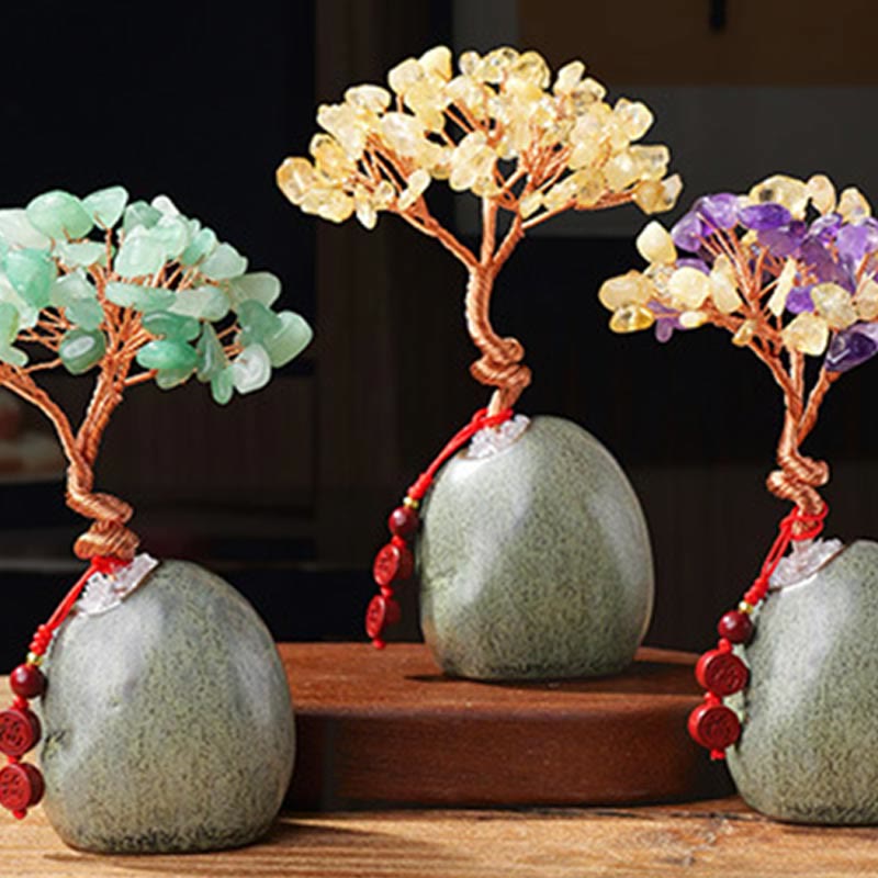 Buddha Stones, citrino, amatista, aventurina verde, árbol de cristal, base de cerámica, prosperidad, decoración del hogar.