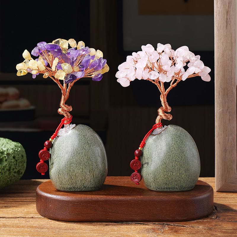 Buddha Stones, citrino, amatista, aventurina verde, árbol de cristal, base de cerámica, prosperidad, decoración del hogar.