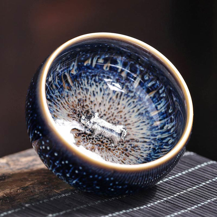 Taza de té de cerámica con diseño de Buddha Stones, hecha a mano, con diseño de pez koi, loto, dragón y fénix, del zodiaco chino, 12 piezas, 70 ml