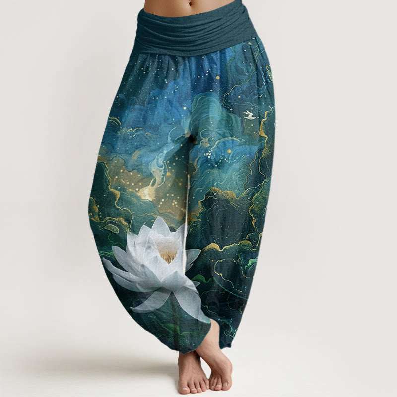 Pantalones harén de cintura elástica para mujer con estampado de nubes, cielo estrellado y loto, estilo casual, con Buddha Stones - Cian oscuro - US22，UK/AU26，EU54 (6XL) - image 1
