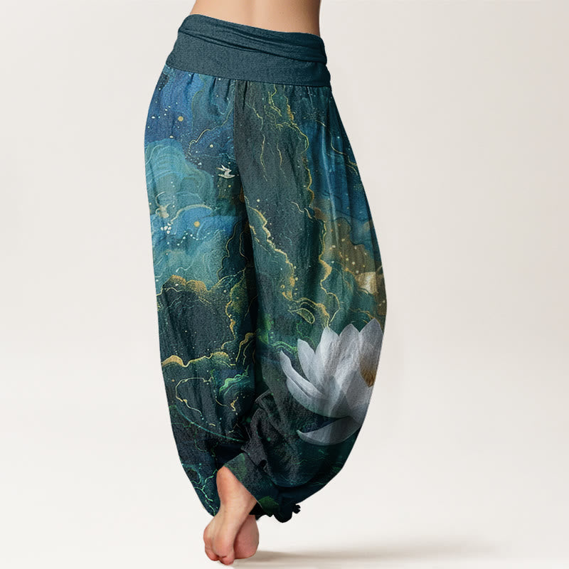 Pantalones harén de cintura elástica para mujer con estampado de nubes, cielo estrellado y loto, estilo casual, con Buddha Stones - image 3