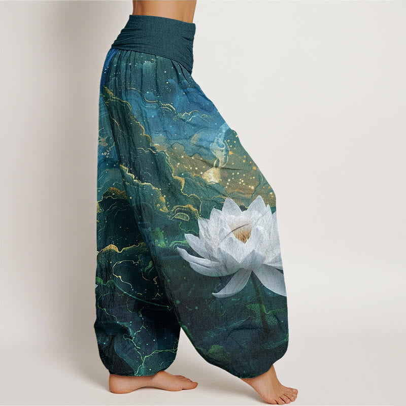 Pantalones harén de cintura elástica para mujer con estampado de nubes, cielo estrellado y loto, estilo casual, con Buddha Stones - image 1
