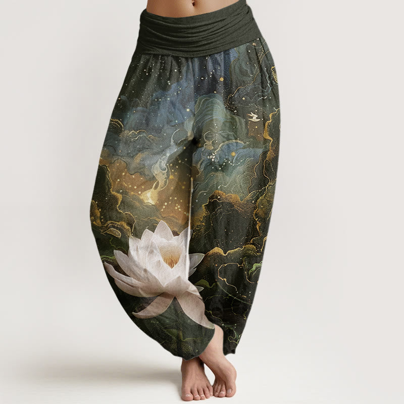 Pantalones harén de cintura elástica para mujer con estampado de nubes, cielo estrellado y loto, estilo casual, con Buddha Stones - SaddleBrown - US22，UK/AU26，EU54 (6XL) - image 4
