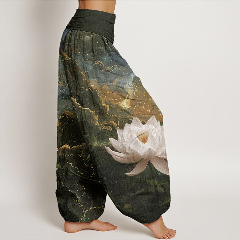 Pantalones bombachos de cintura elástica para mujer , de algodón, estilo informal, con estampado de loto, cielo estrellado y nubes. - image 5
