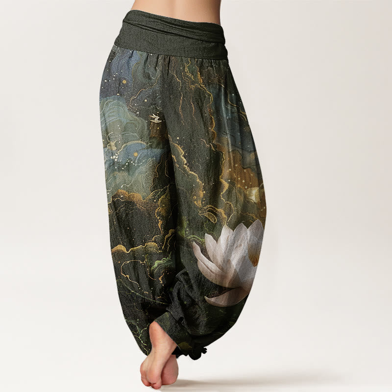 Pantalones harén de cintura elástica para mujer con estampado de nubes, cielo estrellado y loto, estilo casual, con Buddha Stones - image 7