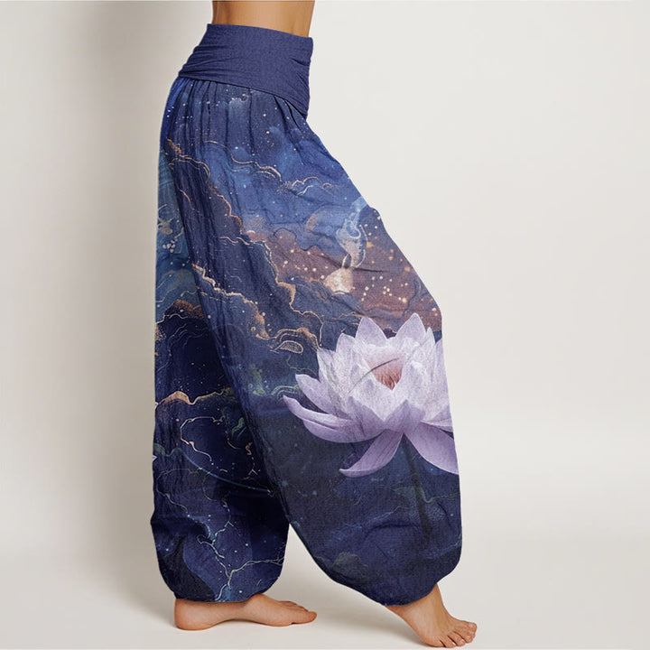 Pantalones harén de cintura elástica para mujer con estampado de nubes, cielo estrellado y loto, estilo casual, con Buddha Stones - image 9