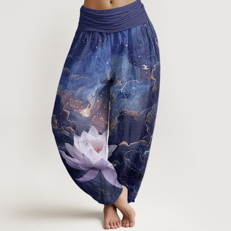 Pantalones harén de cintura elástica para mujer con estampado de nubes, cielo estrellado y loto, estilo casual, con Buddha Stones - Marina de guerra - US22，UK/AU26，EU54 (6XL) - image 8