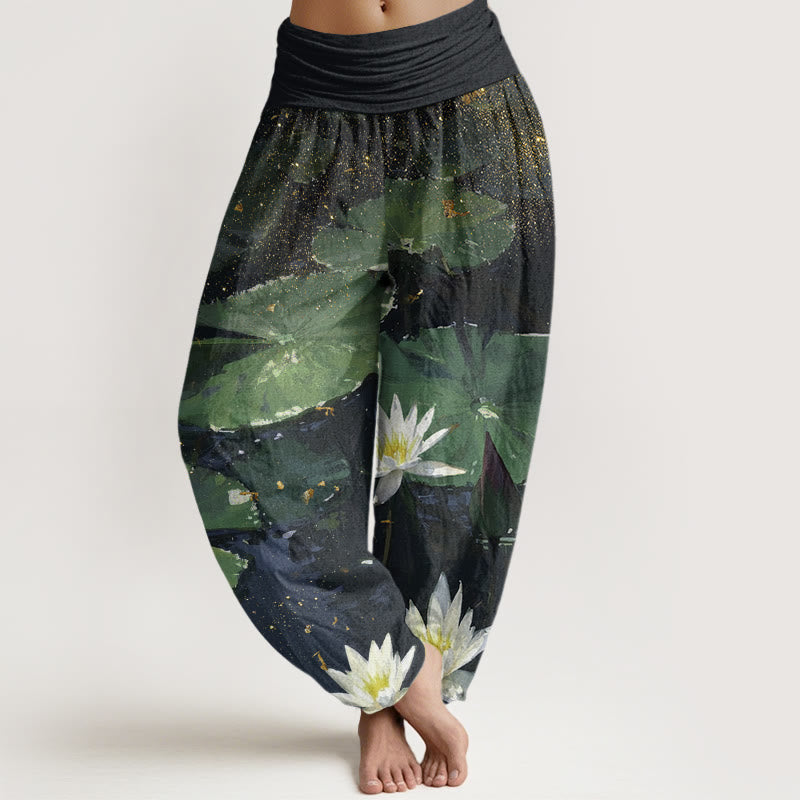 Pantalones harén de cintura elástica para mujer con estampado de hojas de loto en el lago y piedras de Buddha Stones - Verde - US22，UK/AU26，EU54 (6XL) - image 1