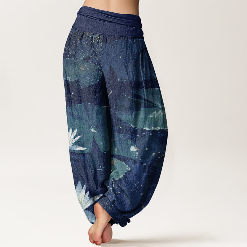Pantalones harén de cintura elástica para mujer con estampado de hojas de loto en el lago y piedras de Buddha Stones - image 7