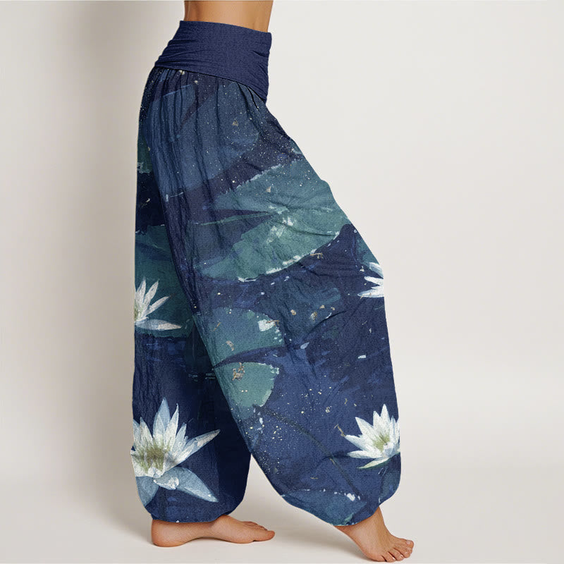 Pantalones harén de cintura elástica para mujer con estampado de hojas de loto en el lago y piedras de Buddha Stones - image 6
