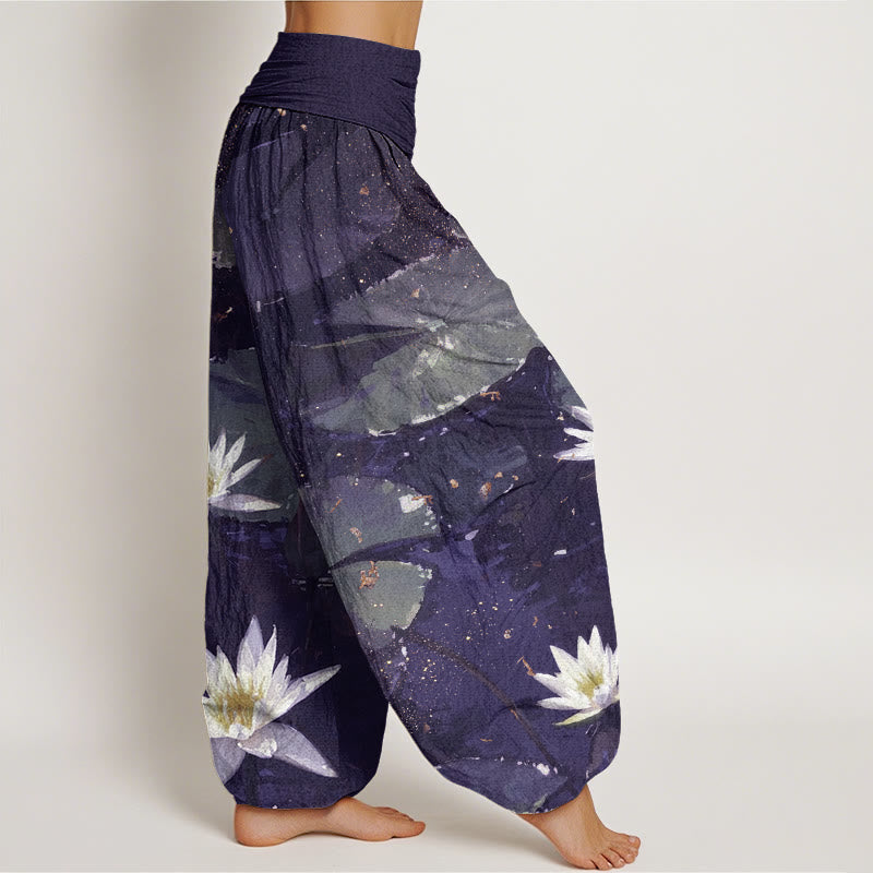 Pantalones harén de cintura elástica para mujer con estampado de hojas de loto en el lago y piedras de Buddha Stones - image 9