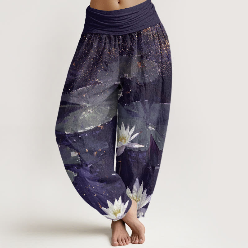 Pantalones harén de cintura elástica para mujer con estampado de hojas de loto en el lago y piedras de Buddha Stones - Índigo - US22，UK/AU26，EU54 (6XL) - image 8