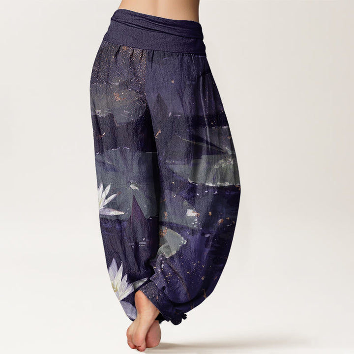 Pantalones harén de cintura elástica para mujer con estampado de hojas de loto en el lago y piedras de Buddha Stones - image 10