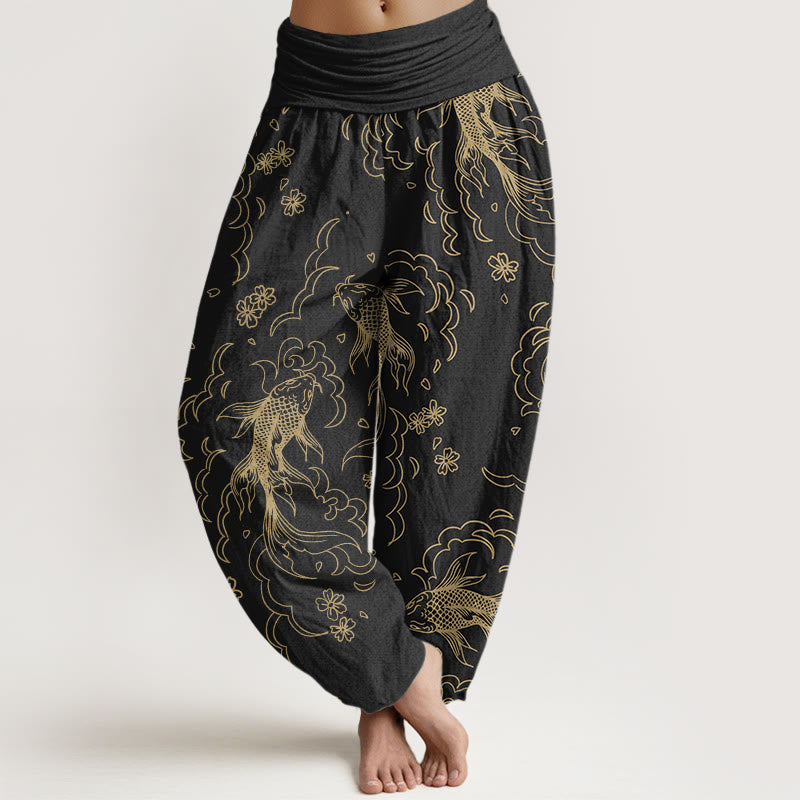 Pantalones harén con cintura elástica para mujer, con estampado de peces koi, olas y pétalos, estilo casual, de Buddha Stones - Negro - US22，UK/AU26，EU54 (6XL) - image 0