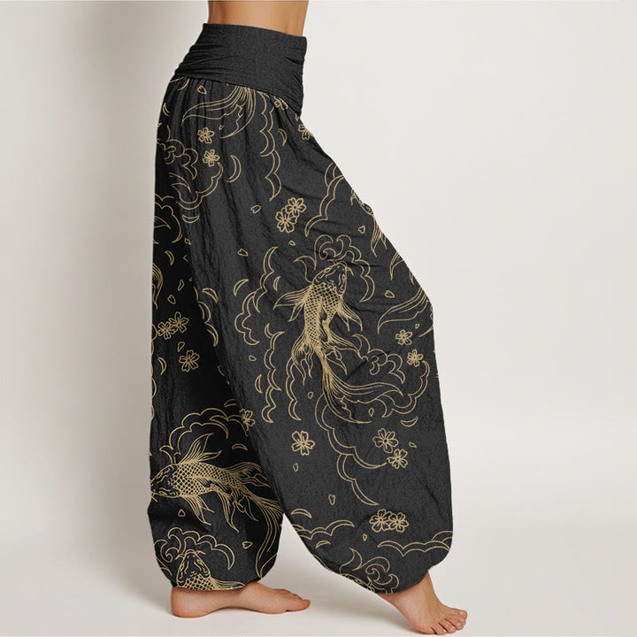 Pantalones harén con cintura elástica para mujer, con estampado de peces koi, olas y pétalos, estilo casual, de Buddha Stones - image 1