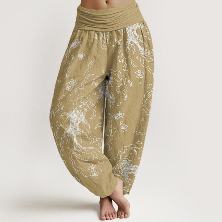 Pantalones harén con cintura elástica para mujer, con estampado de peces koi, olas y pétalos, estilo casual, de Buddha Stones - Vara de oro pálida - US22，UK/AU26，EU54 (6XL) - image 4