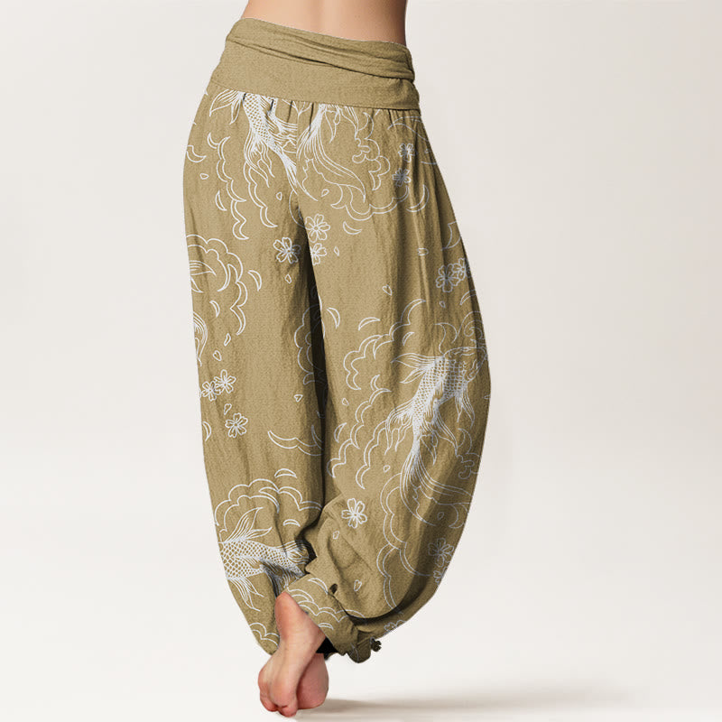 Pantalones harén con cintura elástica para mujer, con estampado de peces koi, olas y pétalos, estilo casual, de Buddha Stones - image 7
