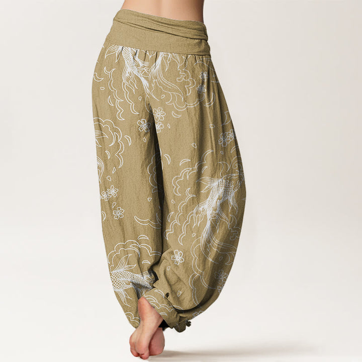 Pantalones harén con cintura elástica para mujer, con estampado de peces koi, olas y pétalos, estilo casual, de Buddha Stones - image 7
