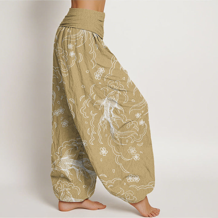 Pantalones harén con cintura elástica para mujer, con estampado de peces koi, olas y pétalos, estilo casual, de Buddha Stones - image 6