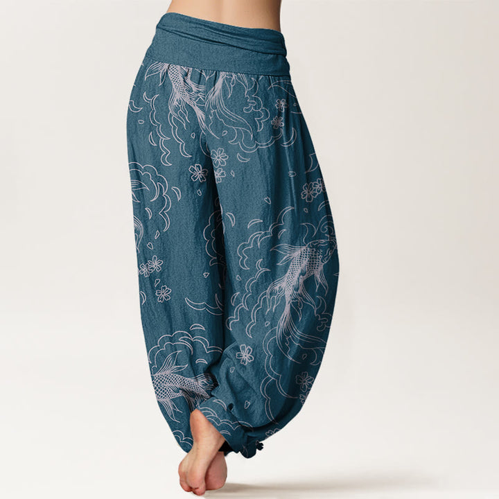 Pantalones bombachos de cintura elástica para mujer, de algodón, estilo casual, con estampado de peces koi, olas y pétalos , de Buddha Stones Cotton. - image 9