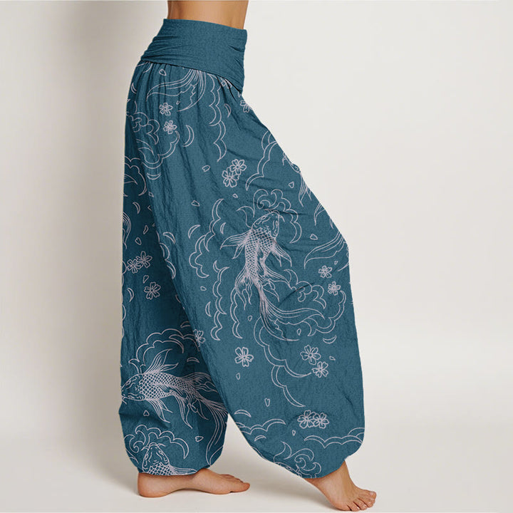 Pantalones bombachos de cintura elástica para mujer, de algodón, estilo casual, con estampado de peces koi, olas y pétalos , de Buddha Stones Cotton. - image 8