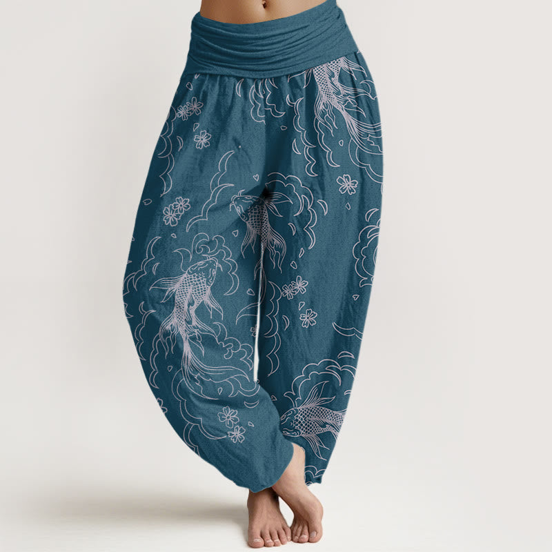 Pantalones harén con cintura elástica para mujer, con estampado de peces koi, olas y pétalos, estilo casual, de Buddha Stones - Azul acero - US22，UK/AU26，EU54 (6XL) - image 7