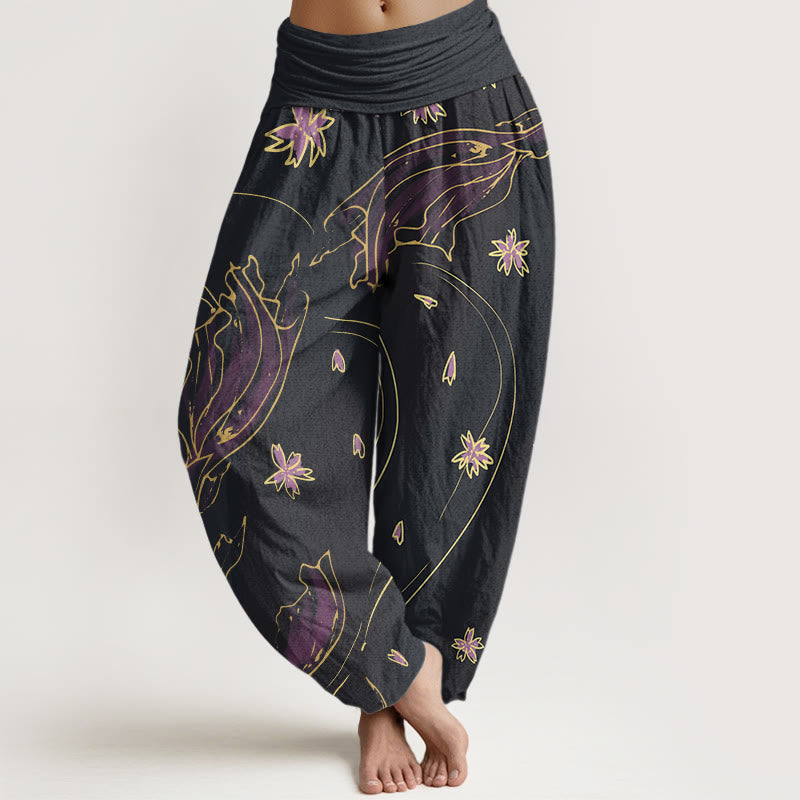Pantalones harén con cintura elástica para mujer, con estampado de pétalos de flor de cerezo y peces koi de Buddha Stones - Índigo - US22，UK/AU26，EU54 (6XL) - image 1
