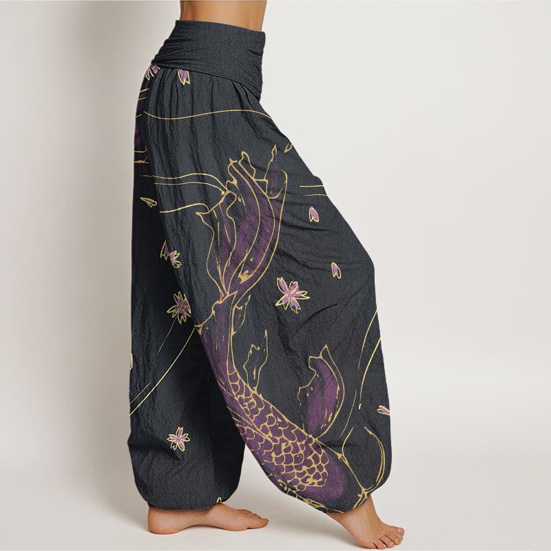 Pantalones harén con cintura elástica para mujer, con estampado de pétalos de flor de cerezo y peces koi de Buddha Stones - image 2