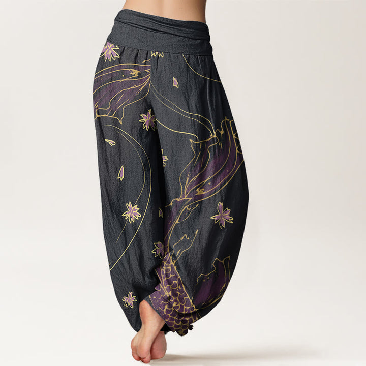 Pantalones harén con cintura elástica para mujer, con estampado de pétalos de flor de cerezo y peces koi de Buddha Stones - image 3