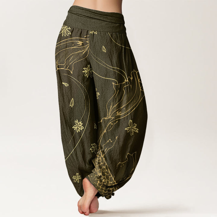 Pantalones harén con cintura elástica para mujer, con estampado de pétalos de flor de cerezo y peces koi de Buddha Stones - image 7