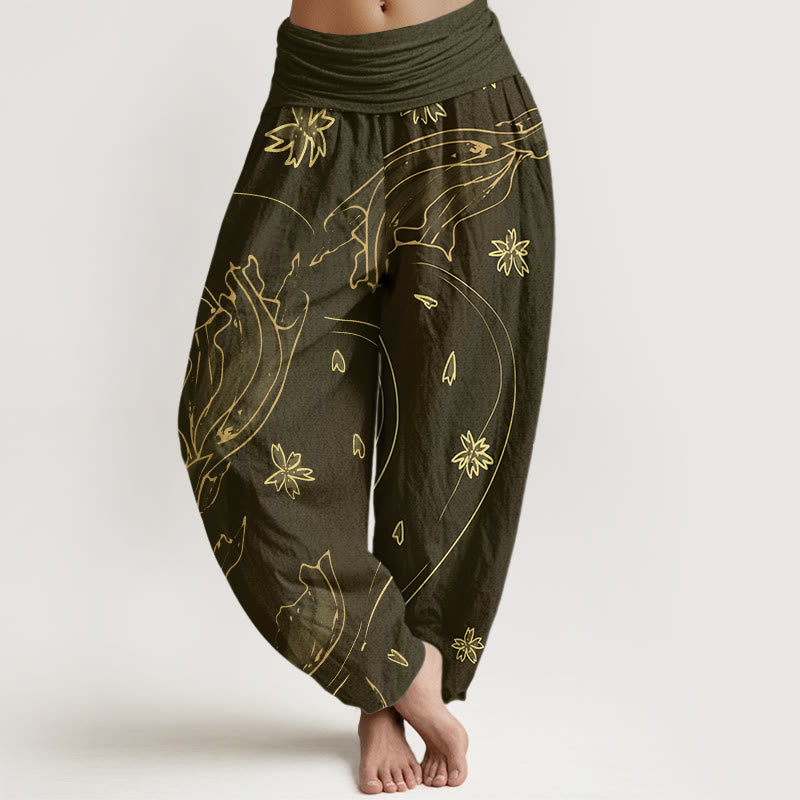 Pantalones harén con cintura elástica para mujer, con estampado de pétalos de flor de cerezo y peces koi de Buddha Stones - Aceituna - US22，UK/AU26，EU54 (6XL) - image 5