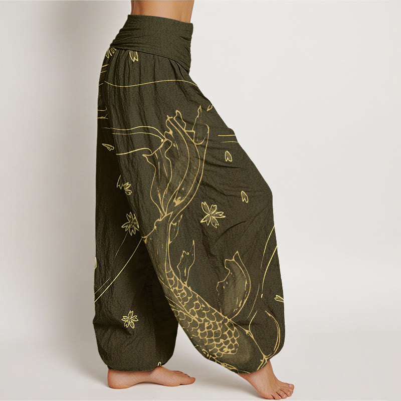 Pantalones harén con cintura elástica para mujer, con estampado de pétalos de flor de cerezo y peces koi de Buddha Stones - image 6