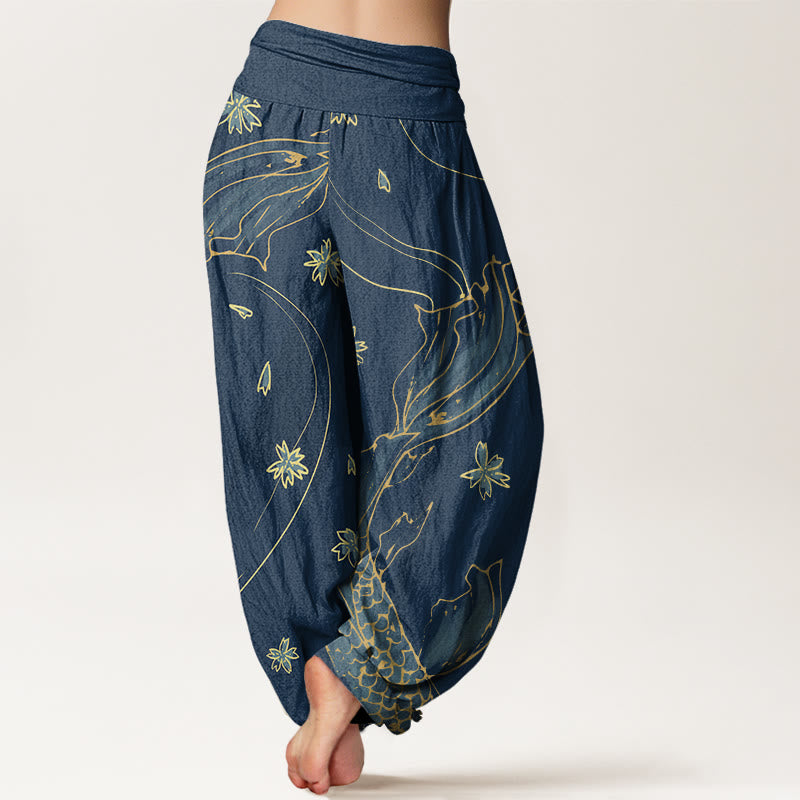 Pantalones harén con cintura elástica para mujer, con estampado de pétalos de flor de cerezo y peces koi de Buddha Stones - image 10