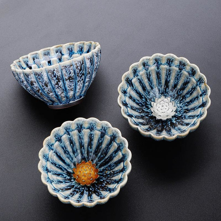 Taza de té de cerámica de loto Jianzhan china pequeña hecha a mano con Buddha Stones , taza de té de kung fu de 80 ml