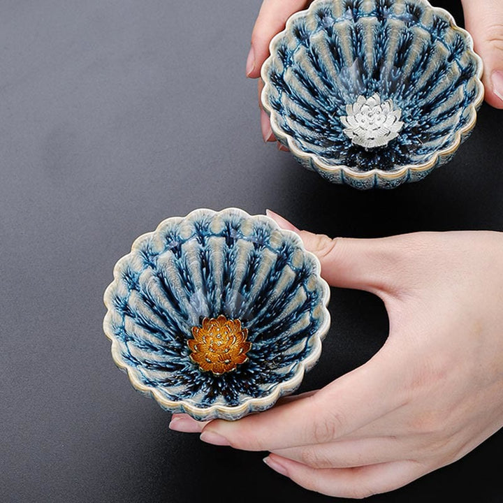 Taza de té de cerámica de loto Jianzhan china pequeña hecha a mano con Buddha Stones , taza de té de kung fu de 80 ml