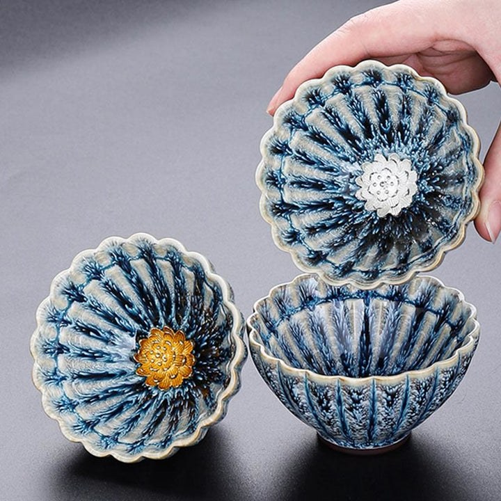 Taza de té de cerámica de loto Jianzhan china pequeña hecha a mano con Buddha Stones , taza de té de kung fu de 80 ml